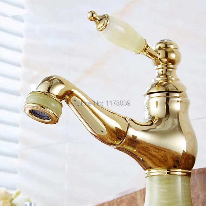 European-style natural jade faucet,brass Bathroom pull out hot and cold mixet tap,deck mounted gold basin faucet,J16960