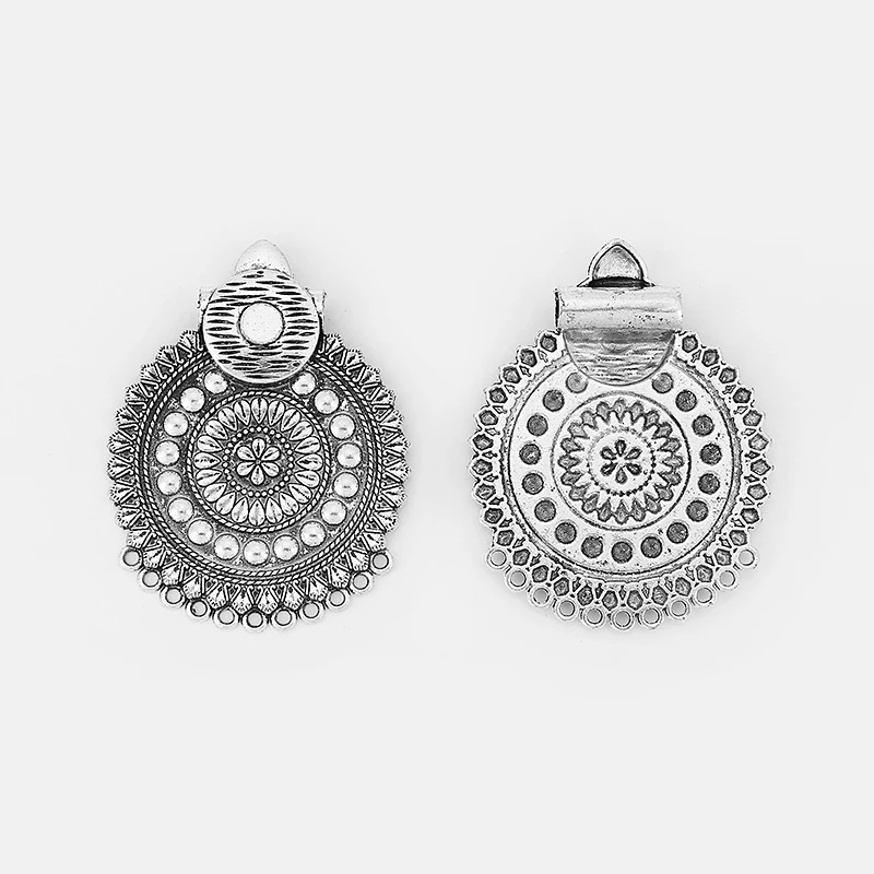 2pcs Tibetan Silver Boho Ethnic Large Round Charms Embossed Flower Pendants For Tassel  Necklace DIY Jewelry Making Findings