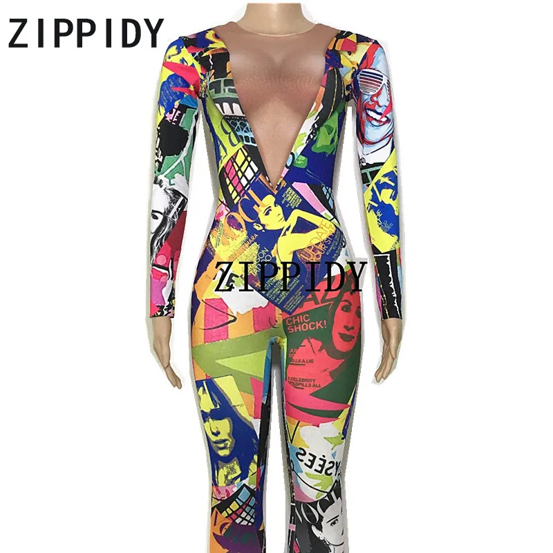 Colorful Printed Jumpsuit Long Sleeves Stretch Bodysuit Women's Party Dance Wear Nightclub Female Singer DS Show Sexy Stage Wear