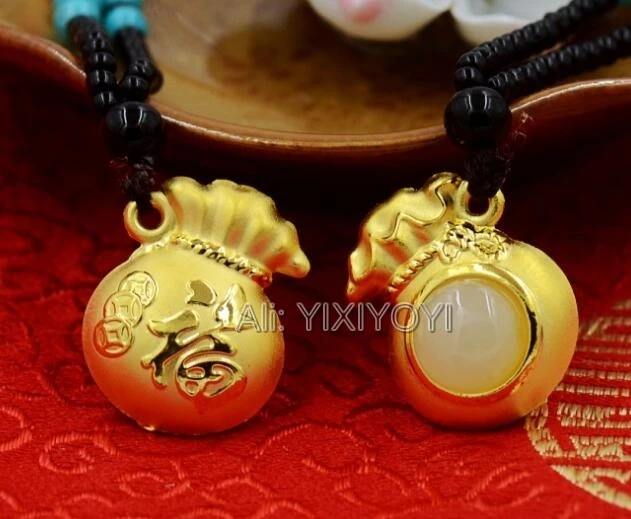 Natural White HeTian Jade + 18K Solid Gold Chinese Coin Fu Money Bag Lucky Pendant + Free Necklace Fine Jewelry + Certificate