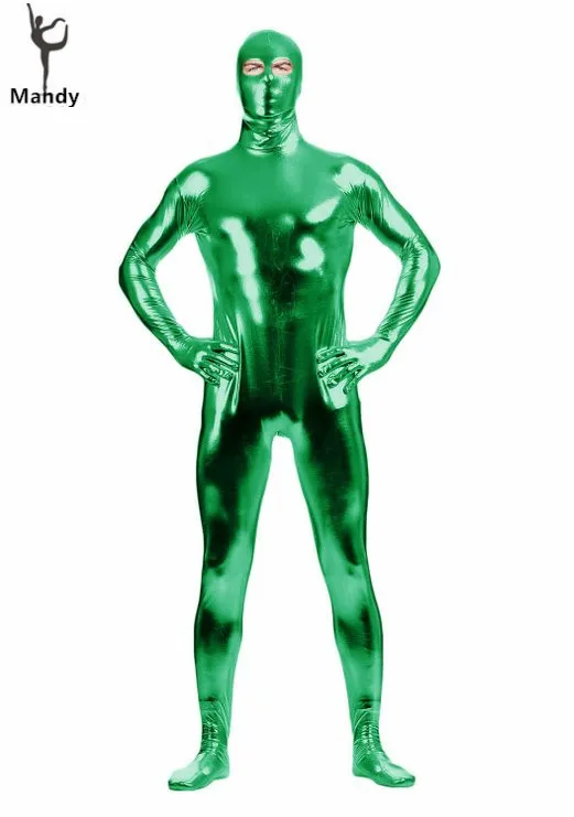 Men Full Body Metallic Green Lycra Bodysuit With Open Eye Shiny One Piece Spandex Unitard Skin-tight Full Zentai Costume Party