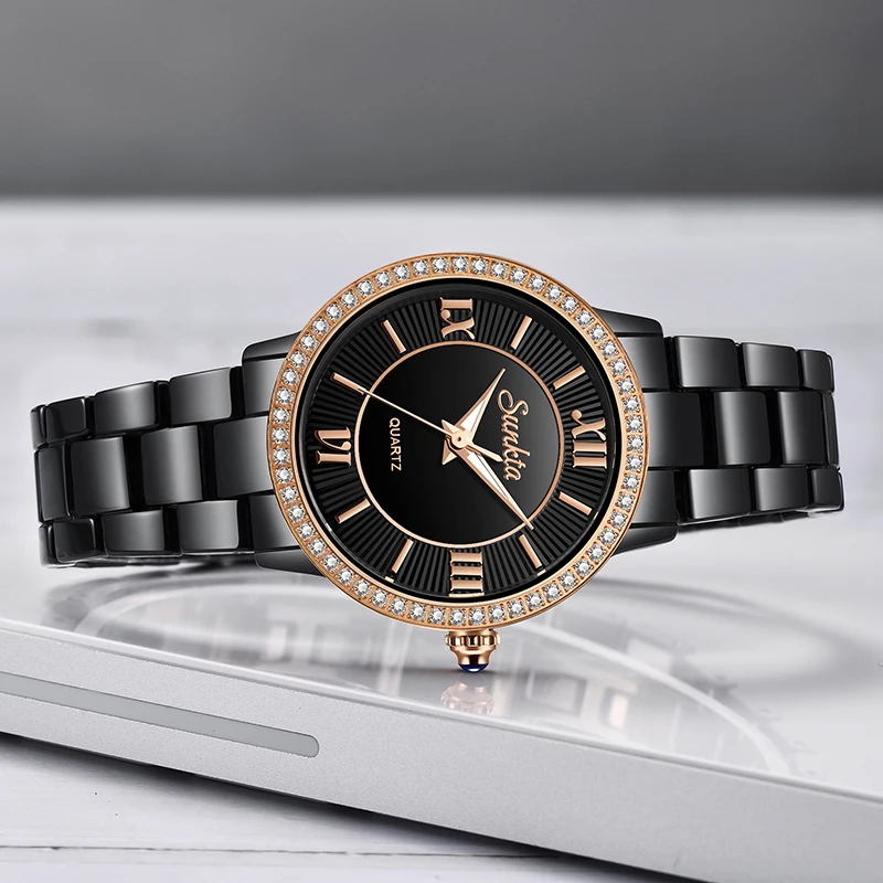 SUNKTA-reloj de cuarzo de cerámica para mujer, accesorio sencillo de marca superior de lujo con diamantes, resistente al agua, de oro rosa y negro, Zegarek Damski