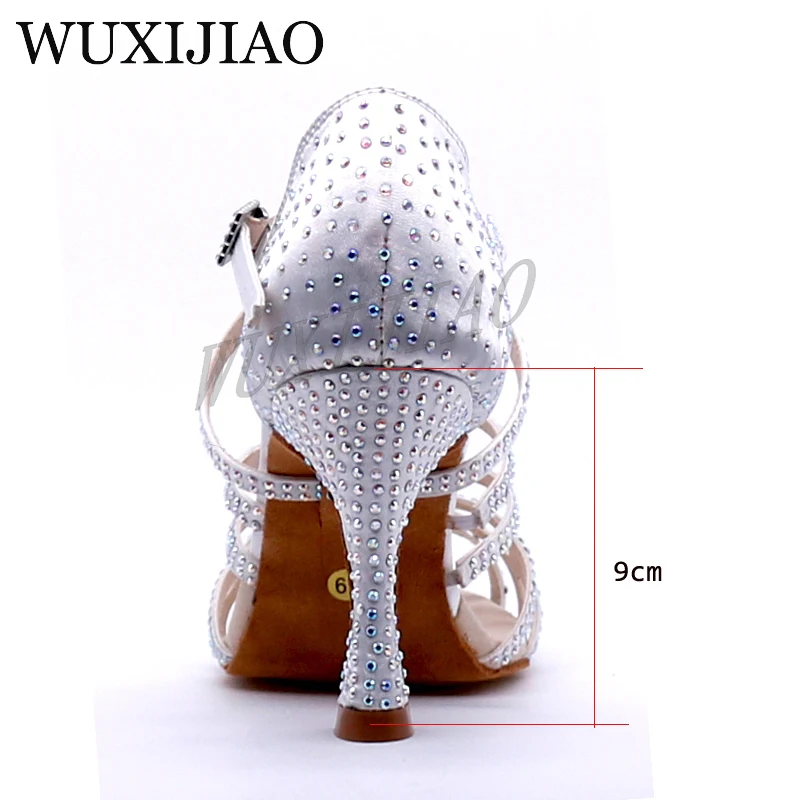 WUXIJIAO New Glitter Rhinestone Latin Dance Shoes Women Satin Salsa Dancing Shoes For Woman Tango Ballroom Shoes For Dacne