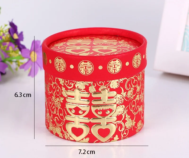 300pcs Traditional Chinese Red Bronzing Candy Box Cylinder Paper Wedding Favors Gift Box lin4030