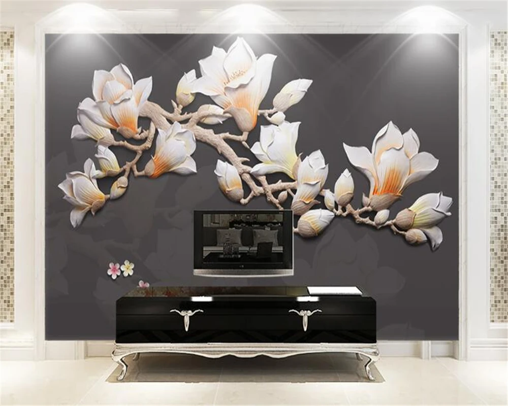 

Beibehang 3d simple hand-painted magnolia flower three-dimensional relief flower living room bedroom TV background 3d wallpaepr