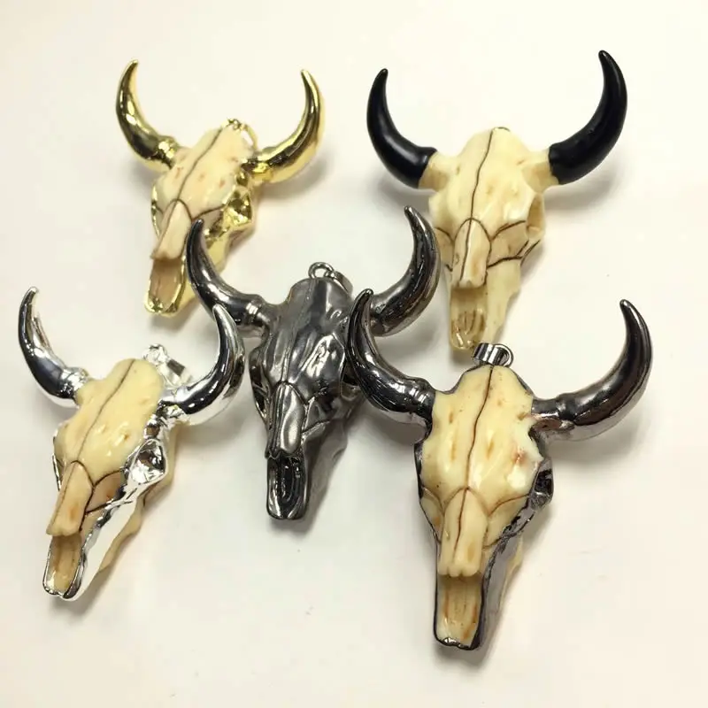 black silve Golden Longhorn resin horn cattle pendants Charm Necklace  jewelry making wholesale5Pcs