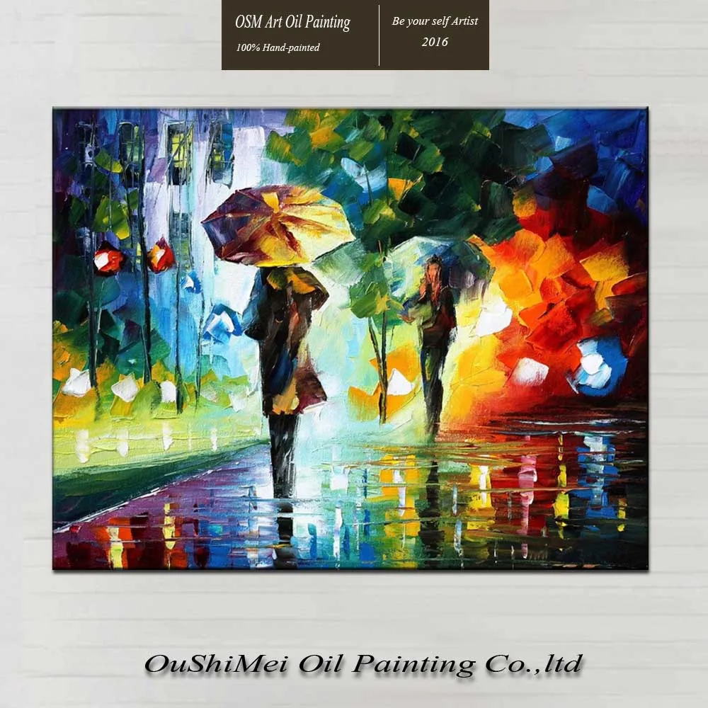 People with umbrella on the street in raining day knife landscape hand painted oil painting for living room decoration art