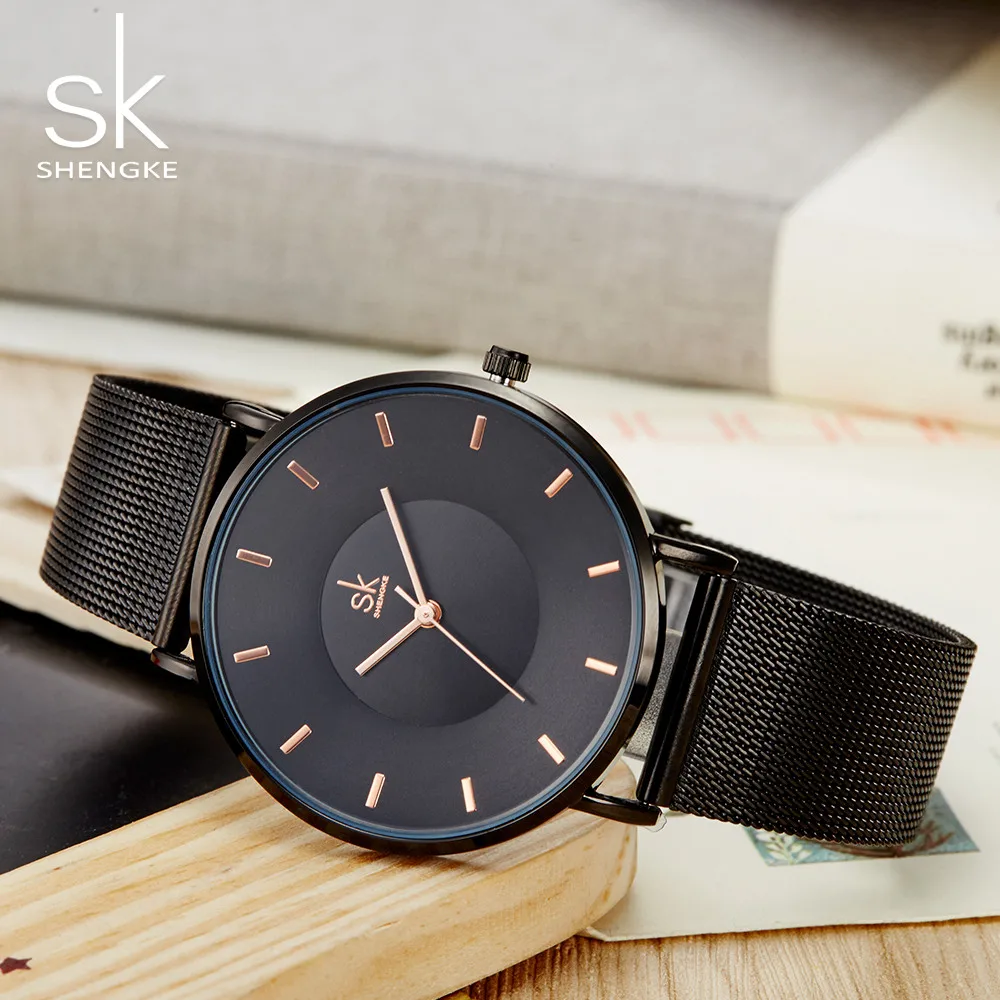 Shengke-reloj de cuarzo ultrafino para mujer, accesorio de pulsera con correa de malla ajustable, estilo clásico, color negro, a la moda