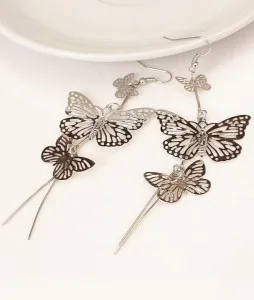 New Fashion Gold Silver Alloy Double Bow Hollow Flower Jewelry Butterfly Earrings Long Tassel Earrings  Brincos Compridos 2016