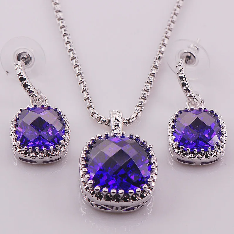 

New Purple Crystal Zircon Woman 925 Sterling Silver Crystal Pendant Earrings TT434