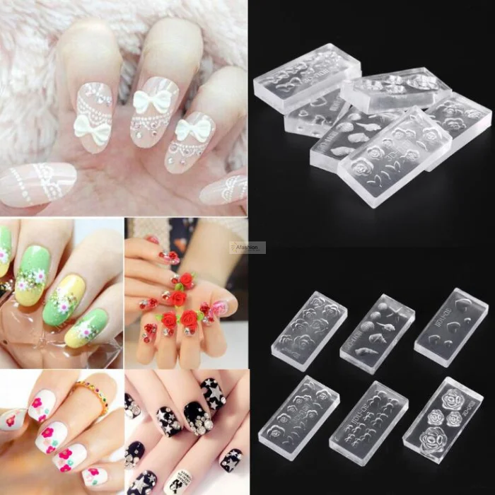 6pcs Nail Art Crystal Carving model 3D nail Silicone template Manicure Stamp Plates Mold Flower girl DIY tools gift