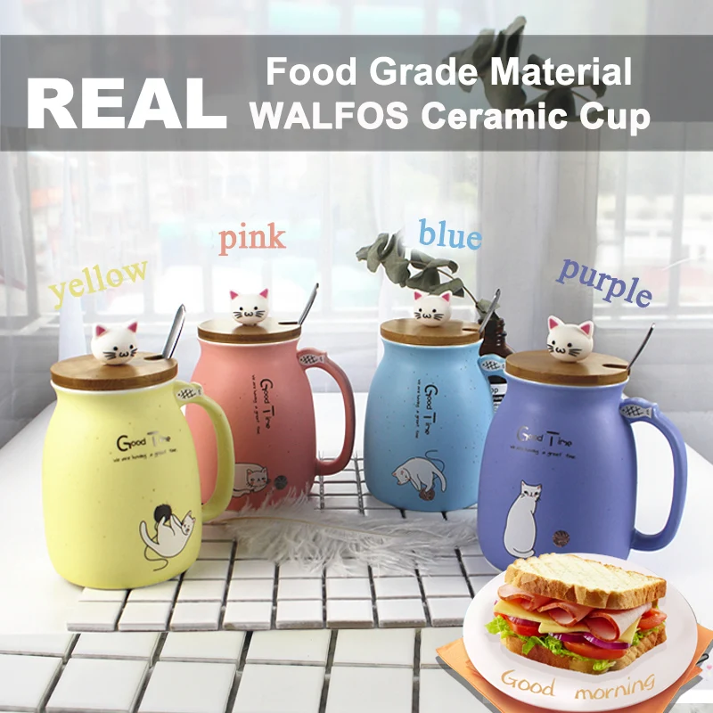 WALFOS New Sesame Cat Heat-Resistant Cup Color Cartoon With Lid Cup Kitten Milk Coffee Ceramic Mug Children Cup