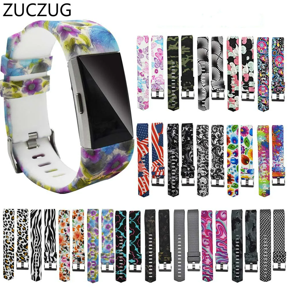 ZUCZUG original Painted printing Replacement Silicone Soft Silicone Watch Band Wrist Strap For Fitbit Charge 2 Band strap