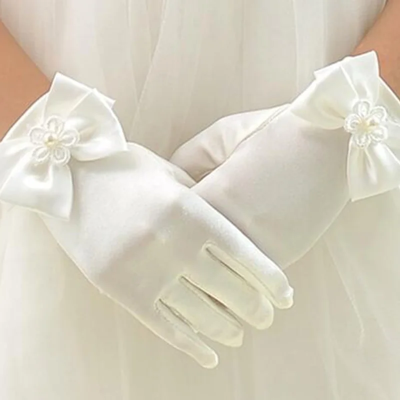 Elastic Girl Etiquette Performance Glove Satin Pearl Flower Lace Bow Short Children Princess Wedding Dress Dance Mitten L44