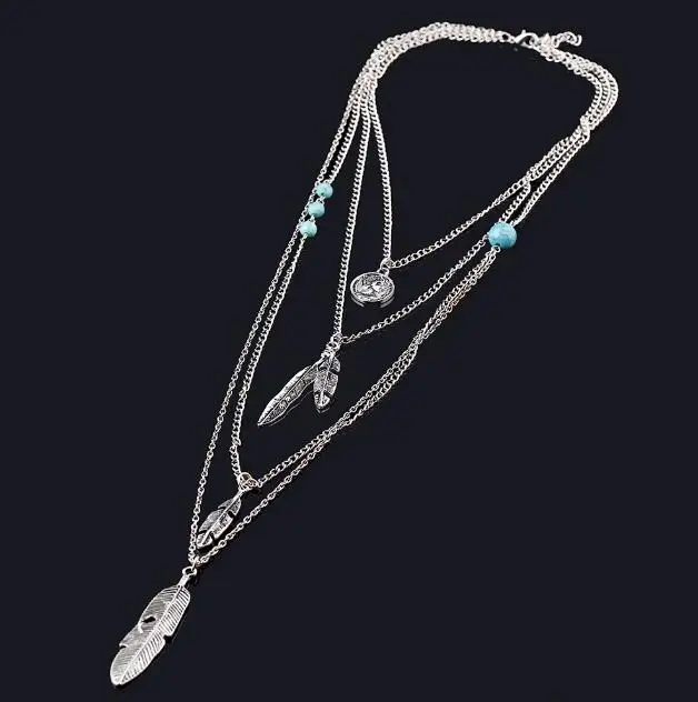 New Brand Fashion Boho Multilayer Feathers Bijoux Charm Necklaces Beads Maxi Necklace Jewelry N60