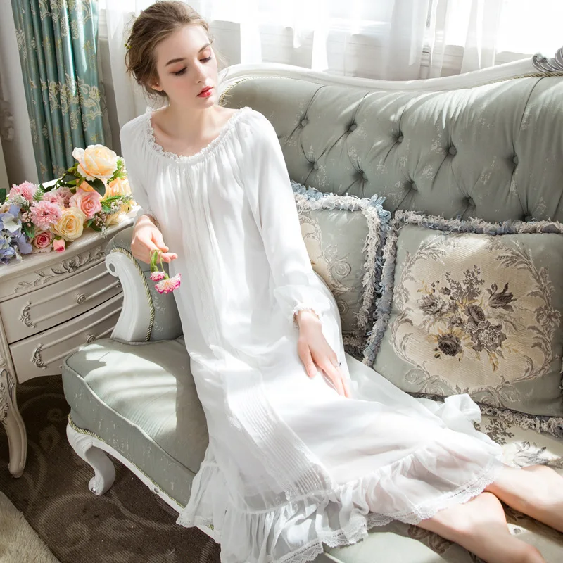 

Nightgowns Spring Autumn Long-sleeved Chiffon Modal Lady Homewear Sweet Court Princess Large-size Women Household Clothes H5537