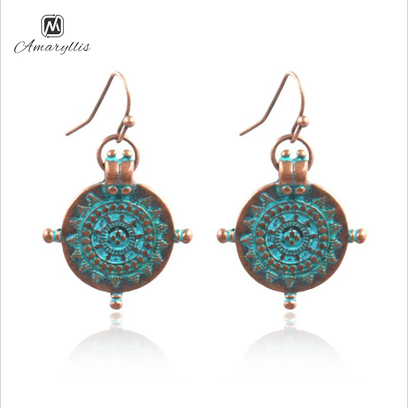 Amaiyllis Vintage Pattern Geometric Bridal Dangle Earrings For Women Ethnic Retro Round Drop Earring Simple Metal Rudder Earring