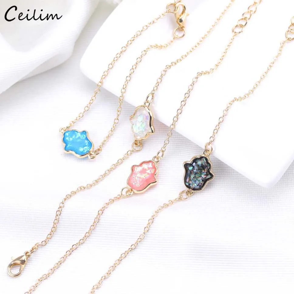 2024 New Blue Opal Hamsa Hand Bracelet for Women Fashion Gold Color Link Chain Fatima Charms Bracelets Friendship Lucky Jewelry