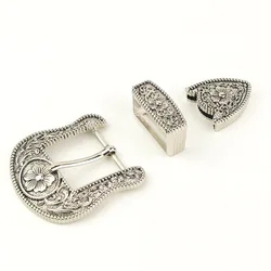 30mm vintage carve pattern beautiful metal women men DIY leather craft belt buckle set antique silver color 3pcs parts/set