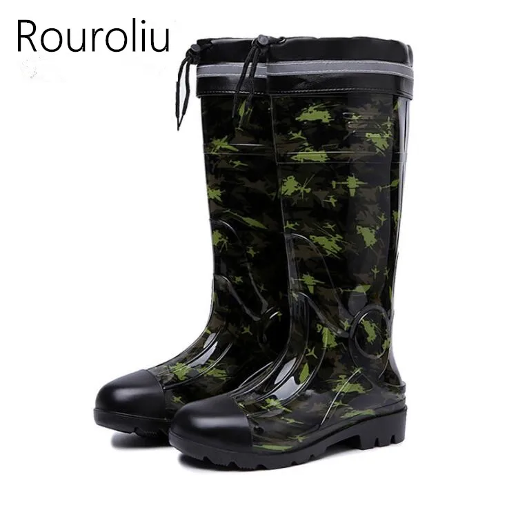 Rouroliu Men Winter Warm Knee-high PVC Rain Boots Non-slip Camouflage Rainboots Waterproof Male Water Shoes Safety TS107