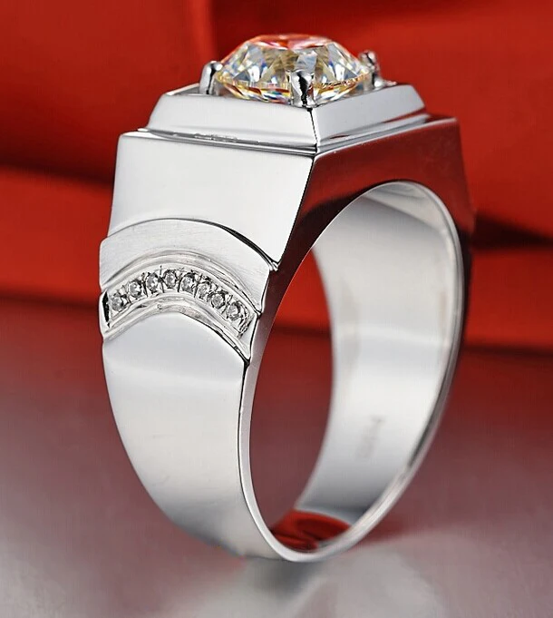 Valuable Solid 18K 750 White Gold Men Ring 1Ct Classic Round Cut Diamond Ring for Men AU750 Wedding Male Ring