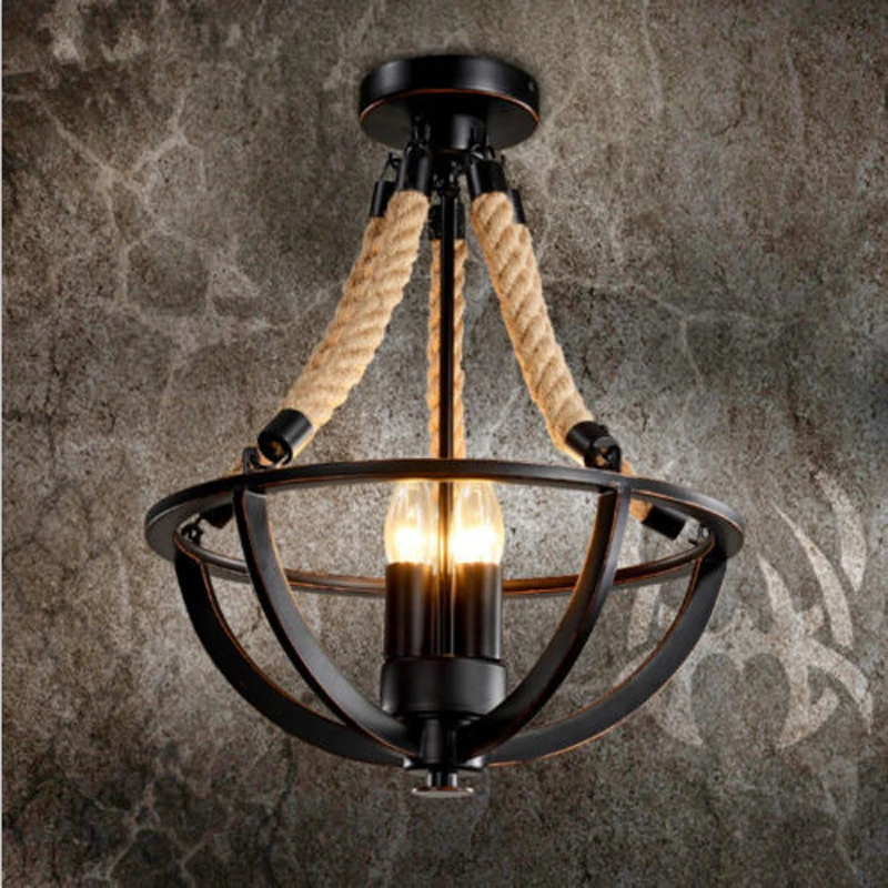 

American retro hemp rope lamp rural rustic iron creative ceiling lamp E27 high temperature paint decorative lighting lamp