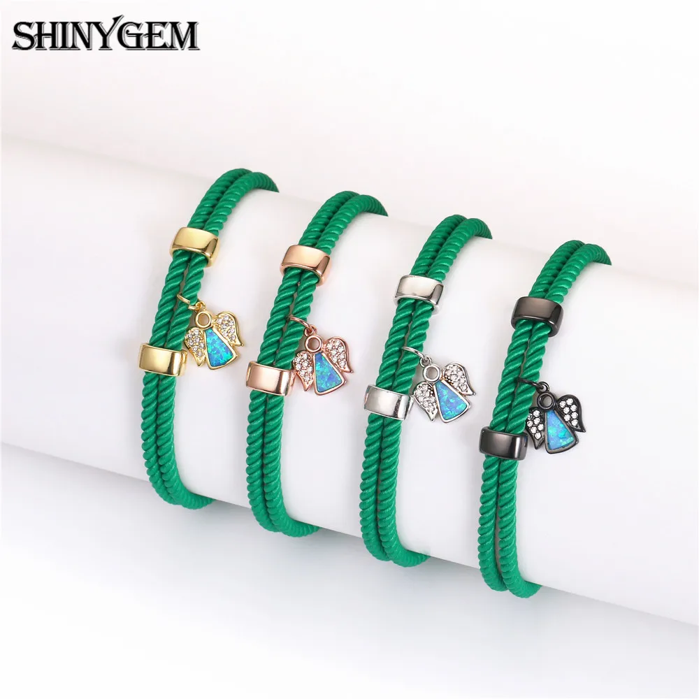 

ShinyGem 2023 Natural Handmade Blue Opal Angel Charm Bracelets Micro Pave Zircon Gold/Sliver/Black/Rose DIY Rope Chain Women