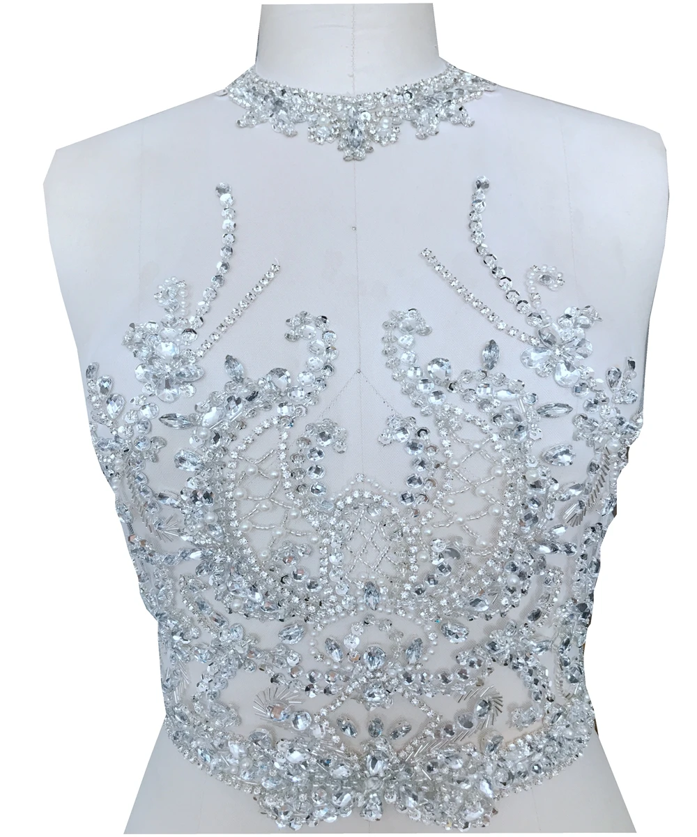 ZBROH Pure hand made sew on Rhinestones applique on mesh silver/gold/multicolored crystals patches 39*29cm dress accessory