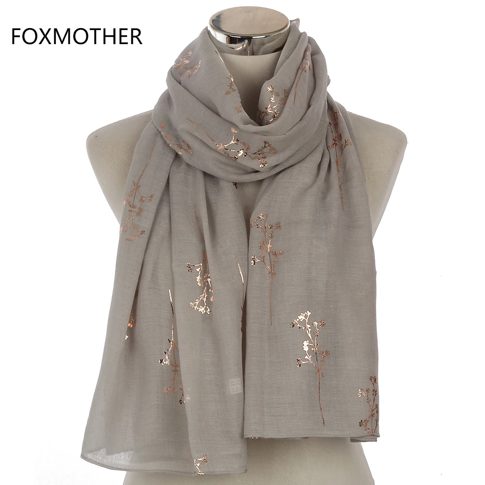 FOXMOTHER New Design Femal Black Grey Red Metallic Gold Foil Glitter Floral Shawls Wrap Scarf For Women