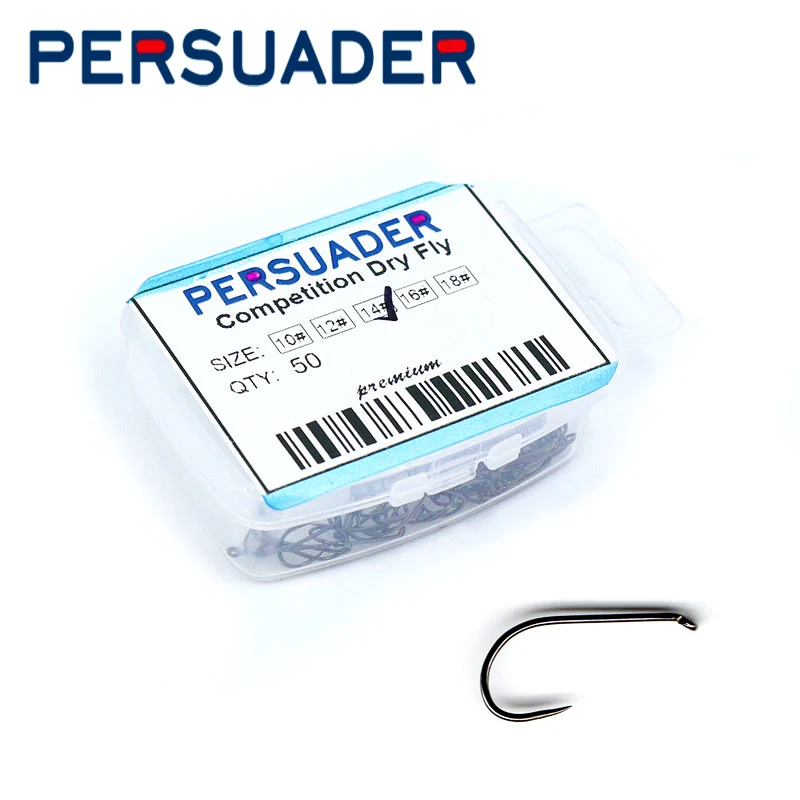 PERSUADER 50 sztuk/pudło profesjonalne haczyki konkursowe bez zadziorów na suche muchy 10 #   12 #   14 #   16 #   18 #   Smukłe i lekkie haczyki wędkarskie na komary
