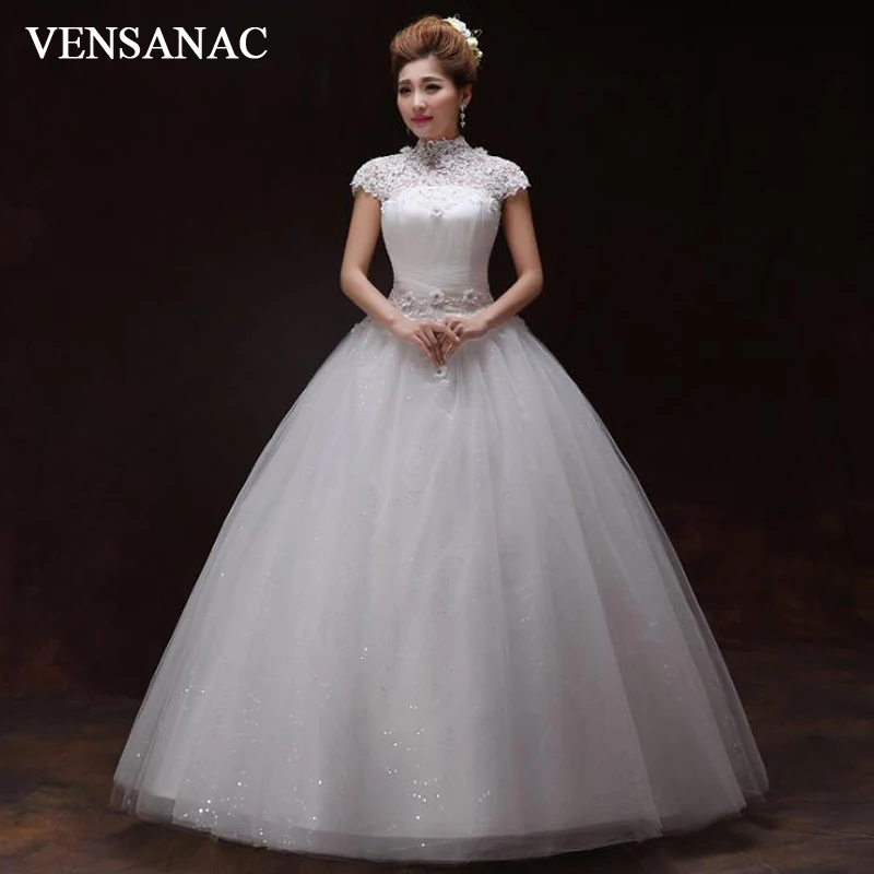 VENSANAC Crystal High Neck Lace Flowers Appliques Ball Gown Wedding Dresses 2018 Sequined Open Back Bridal Gowns