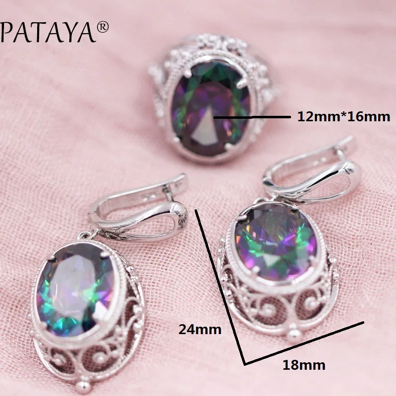 PATAYA Women Wedding True White Gold Color Jewelry Set Green Big Natural Zirconia Hollow Earrings Ring Sets Trendy India Jewelry