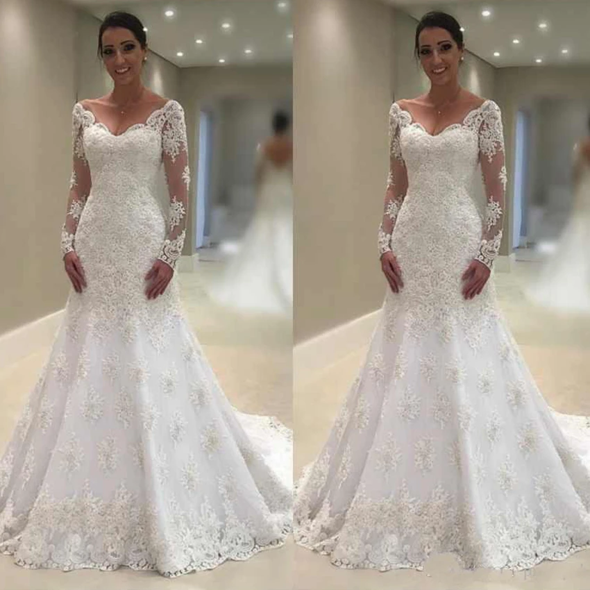 Robe de mariée sirène en dentelle, col en V, manches longues, Sexy, dos nu, grande taille, traîne, nouvelle collection 2021