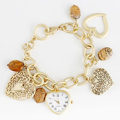 Hot! Watches Women Wristwatches Fashionable Sweet Heart Pendant Gold Alloy Quartz Bracelet Watch