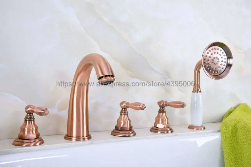 Deck Mounted Widespread Bathtub Faucet 3 Handles Bath Shower Mixers with Handshower 5 Hole Roman Tub Mixer Taps Btf237