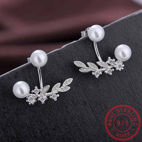 

Charming Anniversary Fine Jewelry Good Lovely Girl Trendy 925 Sterling Silver Leaf Shape Pearl Dangle Earrings For Women