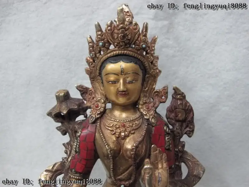 9 Tibet Bronze Gilt inlay coral turquoise gem White Tara GuanYin Goddess Buddha