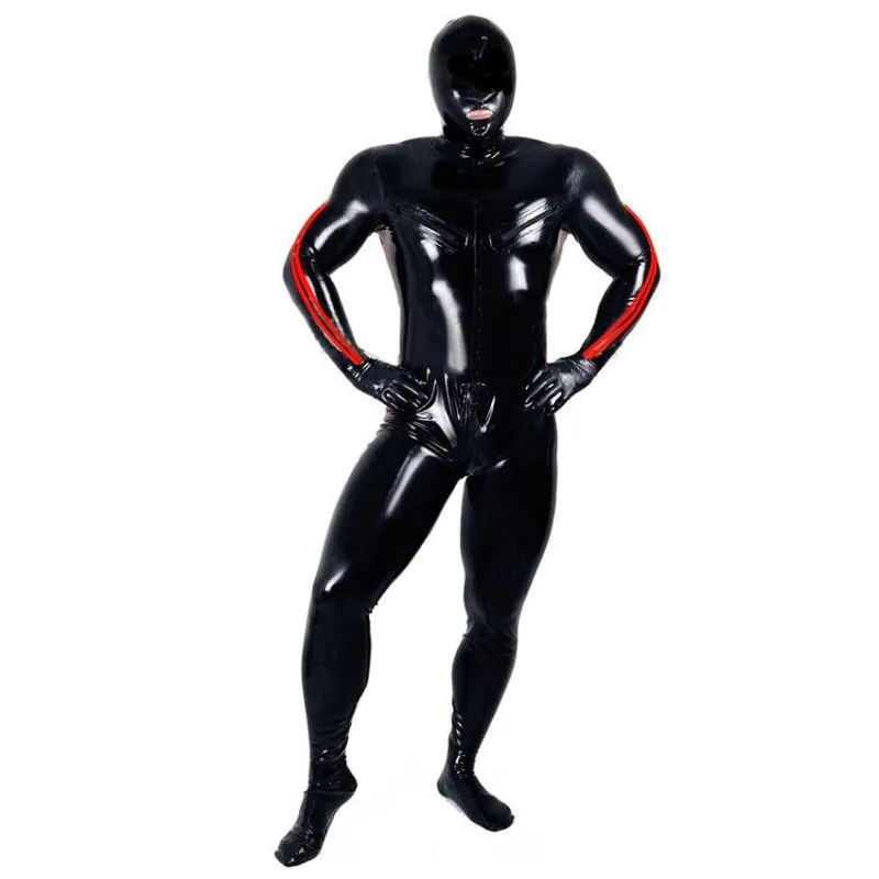 

Latex Natural Rubber Sexy Full Body Hooded Black Catsuit Open Mouth Unisex Bodysuits Customize Size XXS-XXL