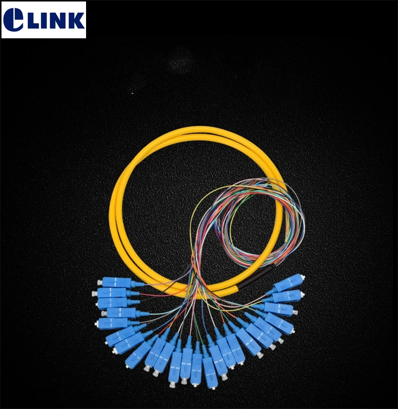 SC pigtails 24 cores colored 1.5mtr 9/125um SM 0.9mm optical fiber cable with yellow jacket bundle type pigtail factory ELINK