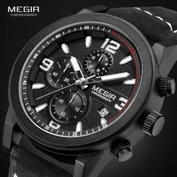 Megir Mens Chronograph Luminous Hands Waterproof Wristwatches Fashion Large Dial Calendar Leather Band Quartz Watch for Man