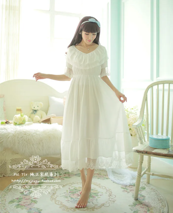 Fashion short-sleeve royal princess nightgown aesthetic white full dress 100% cotton sleepwear lounge