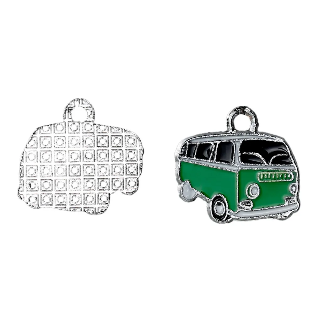 DoreenBeads Zinc Based Alloy Car Bus Charms For Jewelry Making Pendants Silver Color Black & Green Enamel 20mm x 18mm, 5 PCs