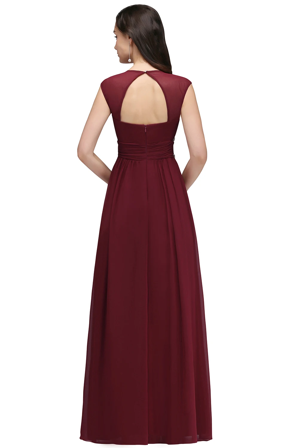 Vestido largo de gasa con cuello en V y cuentas para mujer, traje de dama de honor con Espalda descubierta, largo hasta el suelo, sin mangas, color burdeos, fiesta Formal