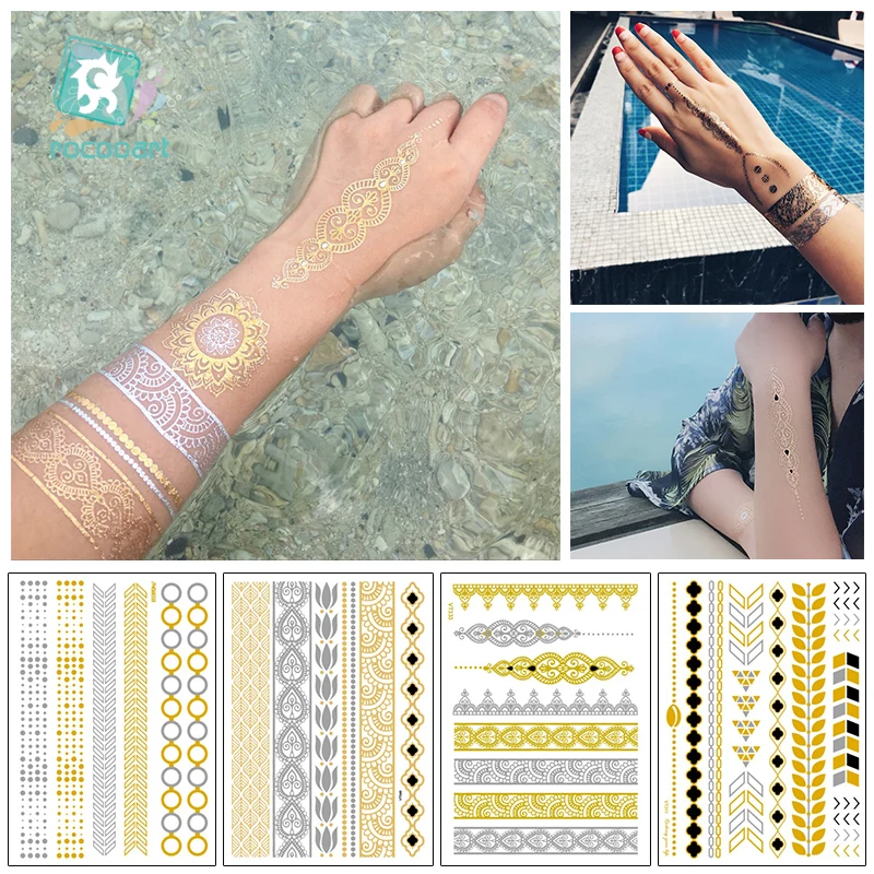 

Big Modern Boho Flash Tattoo Sticker Gold Silver Bracelet Temporary Metallic Fake Chain Tattoos Wrist Arm Bands Bling Tattoo