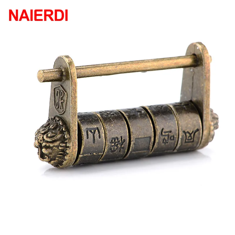 NAIERDI Zinc Alloy Chinese Vintage Antique Bronze Keyed Padlock Retro Combination Password Lock Jewelry Box Padlock 50*28mm