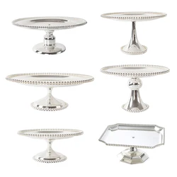 Fashion Silver Metal Cake Stand Dessert PlateS With Beads Decor Desktop Storage Tray For Wedding Decoration SNTP002