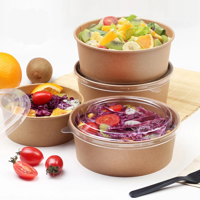 Food Grade Disposable Kraft Paper Salad Packing Box, Breakfast Fast Food Tray with Lid, Take-away Tray