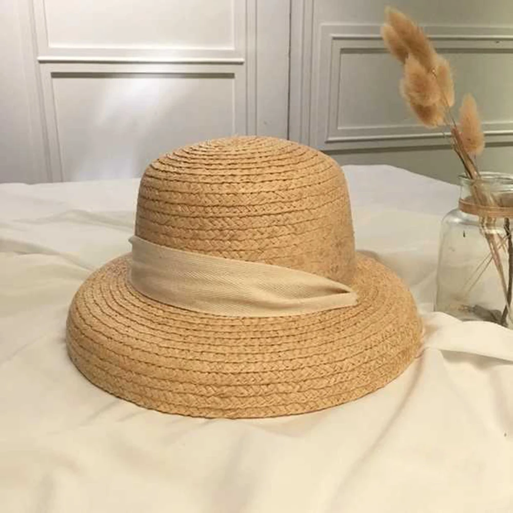 New fashion women\' Summer sun hat Handmade Raffia cap Visor Ribbon hat Wide side Travel vacation Beach hat Elegant lady seaside