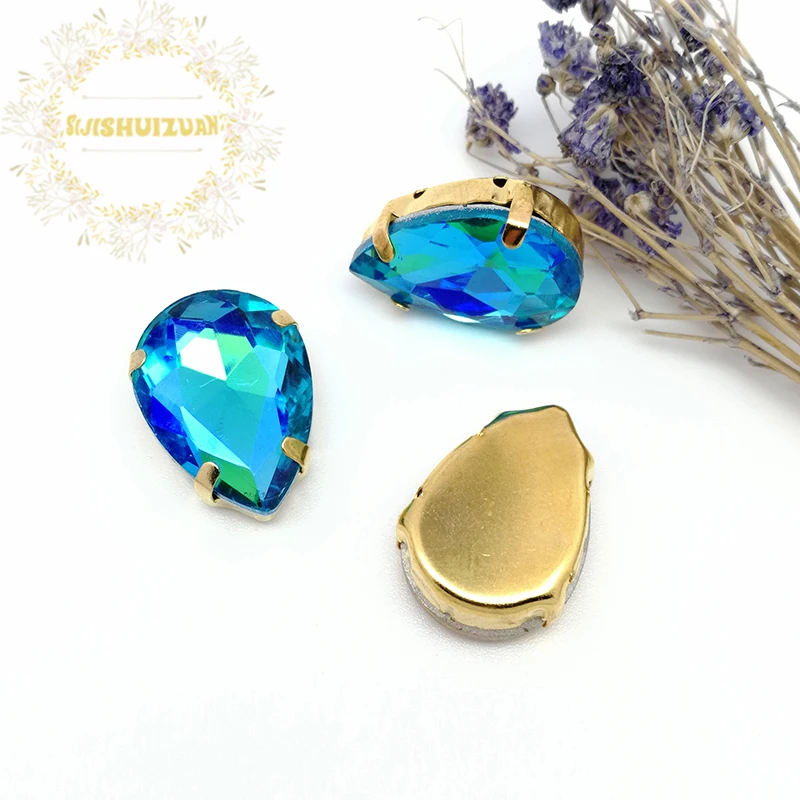 Turquoise Blue AB Dazzle Color Water Drop Shape Glass Crystal Sew On Rhinestones With Gold Bottom Four Claw Diy Clothing Shoes