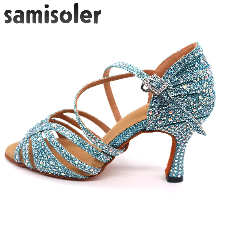 Samisoler  blue Rhinestone ballroom dance shoes women Salsa dance shoes women Professional tango Latin Shoes style high heels